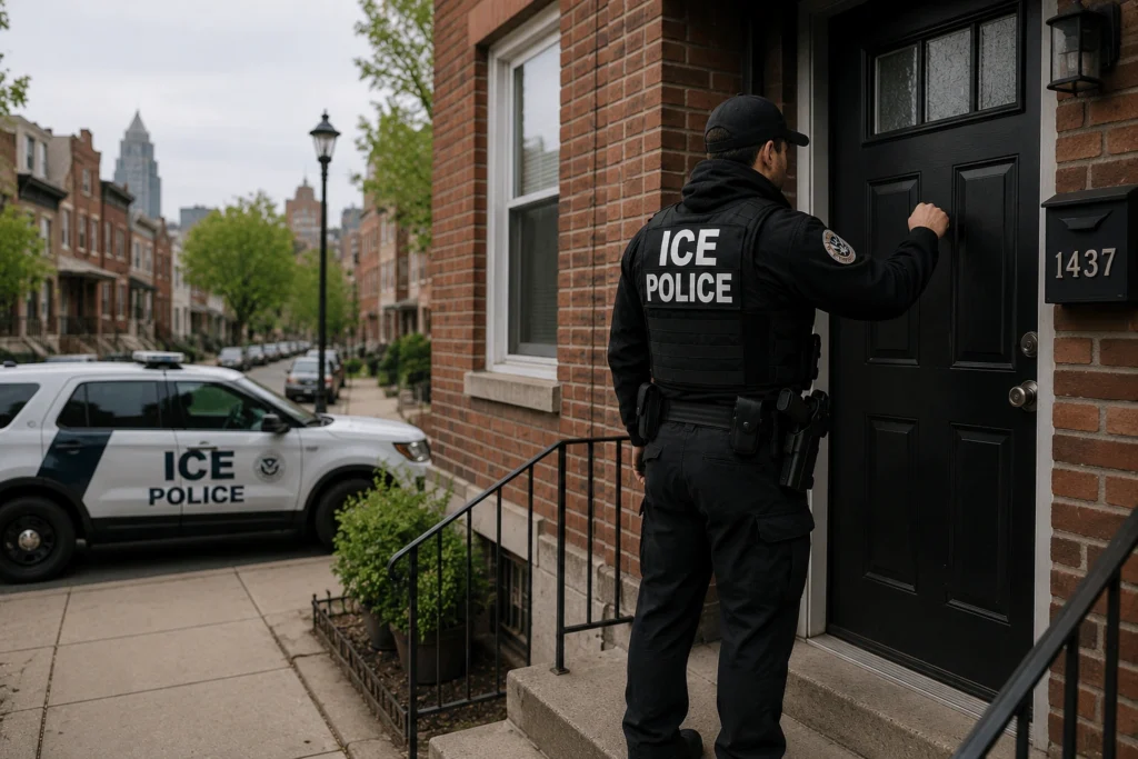 Agente de ICE tocando la puerta de una vivienda residencial mientras un vehículo oficial de inmigración está estacionado afuera, representando derechos migratorios y qué hacer si ICE llega a su puerta