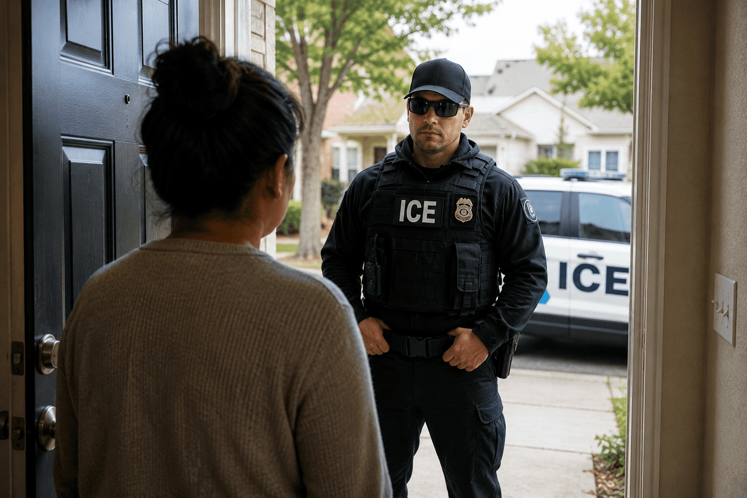 Persona hablando con un agente de ICE en la puerta de una casa residencial, representando derechos migratorios, encuentros con ICE y protecciones legales en Estados Unidos en 2026.