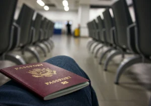 Passport resting on a person's knee in an empty waiting area, representing the uncertainty facing immigrants under the Trump deportation plan in 2025 and 2026