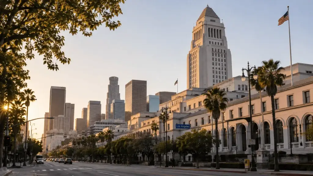 Los Angeles city government and downtown skyline representing sanctuary city policies and ICE enforcement