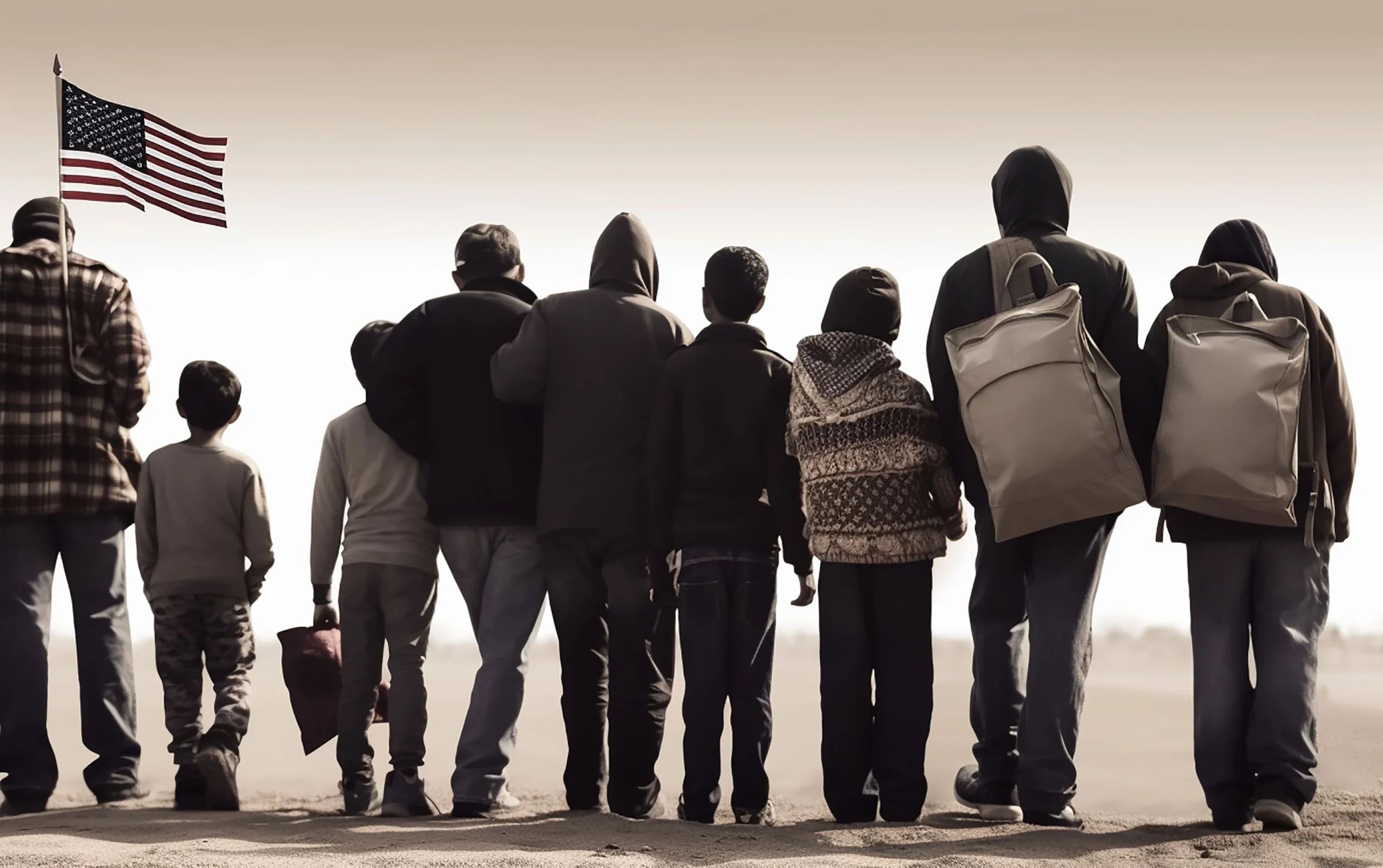 A group of immigrants facing an uncertain future, standing under a cloudy sky near an American flag, symbolizing concerns over Project 2025 immigration policies.