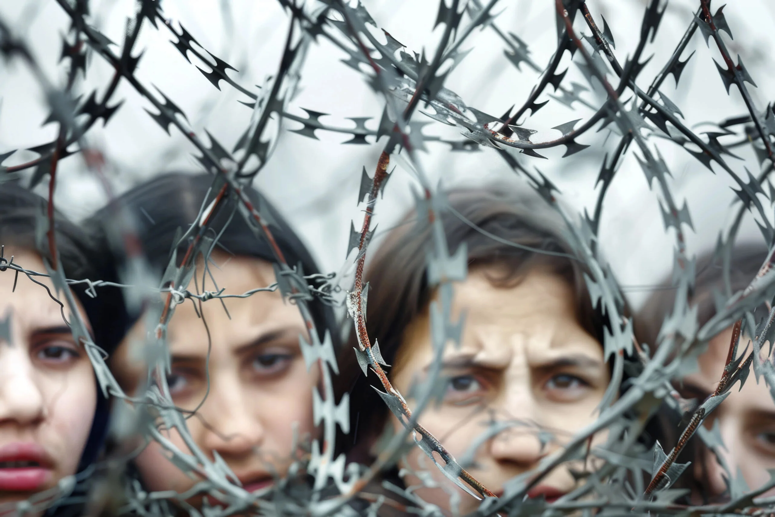 A group of young women stands behind barbed wire, symbolizing the impact of Trump's deportation plan on vulnerable communities. related to trump's plan to deport millions of people.