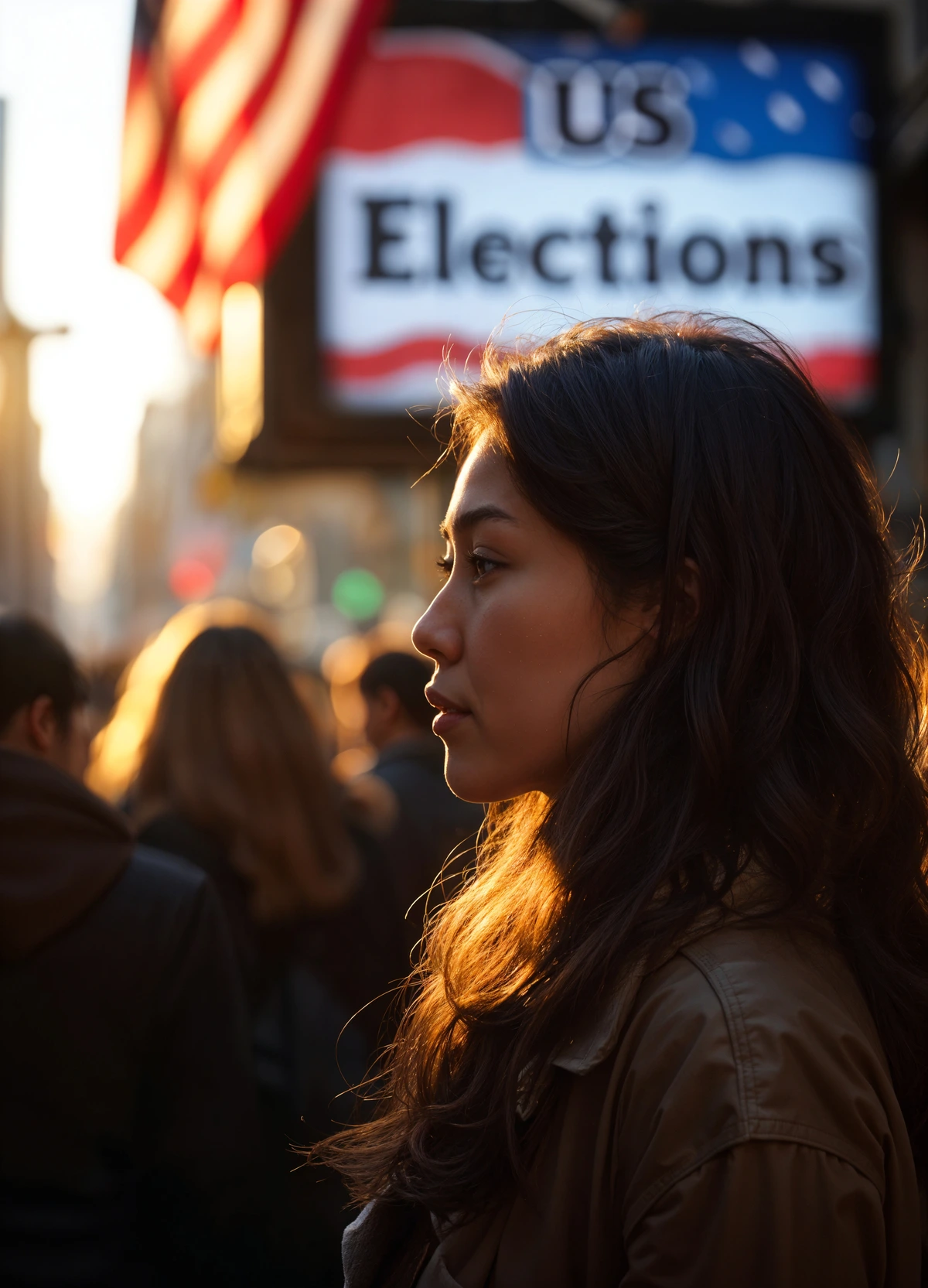 A thoughtful woman stands in a crowd during a US election event, with subtle concerns reflecting current immigration policies. What Will Trump Do to Immigrants?