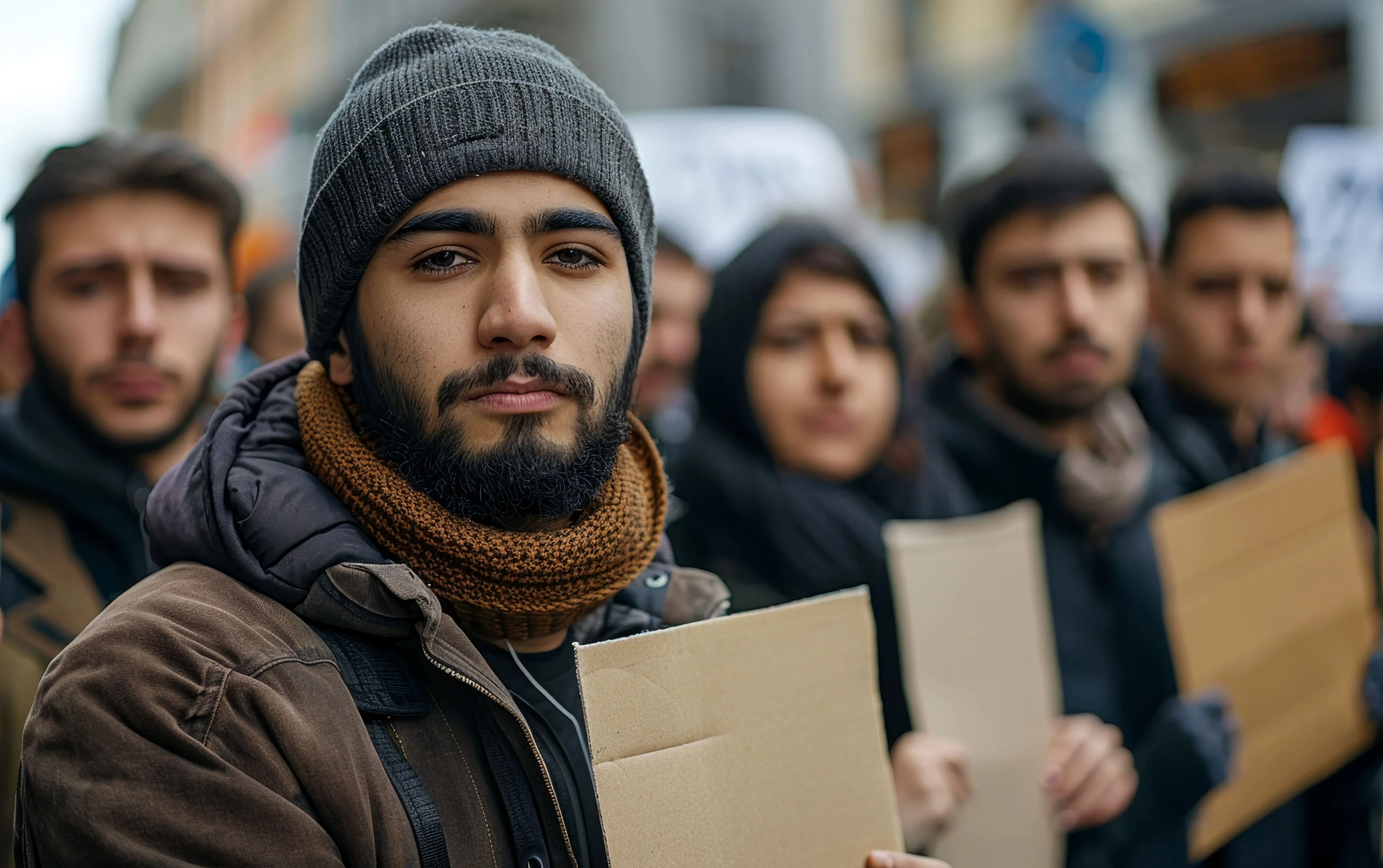 A man with a beard and scarf displays a sign related to immigration law in Los Angeles, California.