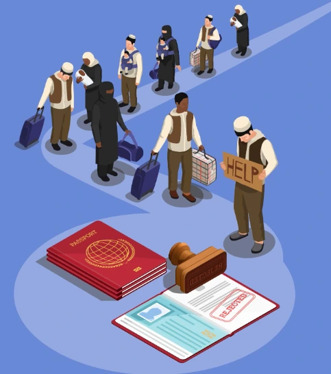 Isometric artwork showing diverse people queuing for passports, representing the journey of understanding immigration procedures. Understanding Immigration Case Dismissal