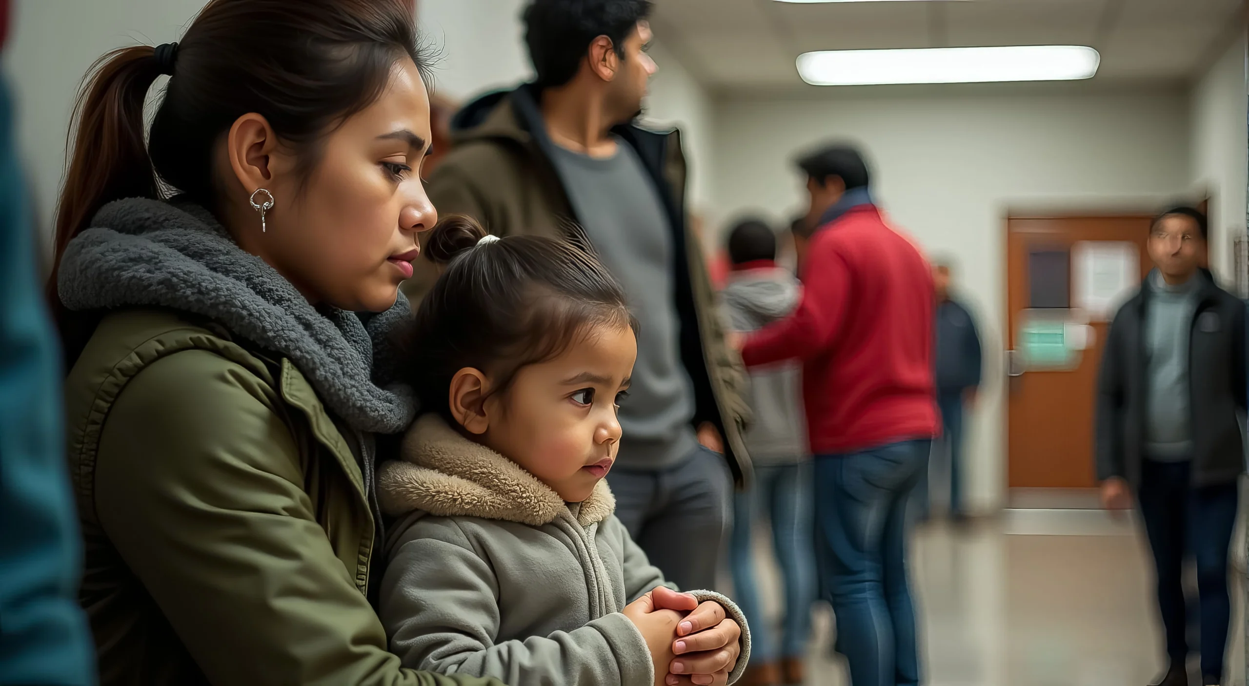 A concerned mother holding her young daughter while waiting in a crowded school hallway. Other people, including families, are seen standing in line or talking in the background, creating a tense and uncertain atmosphere.
