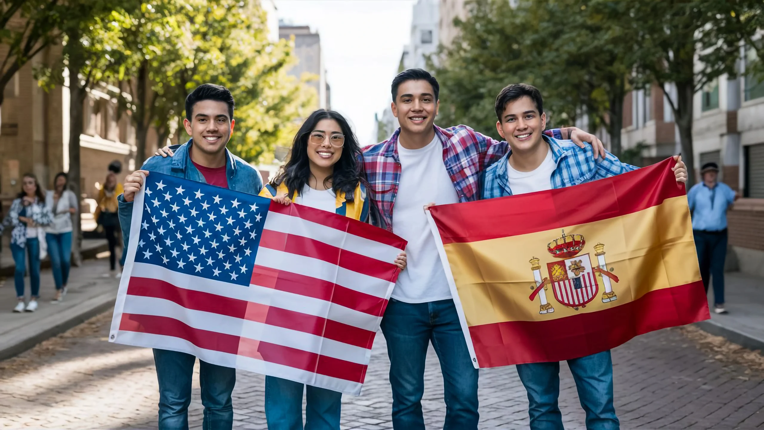 A cheerful group of four young adults standing outdoors on a sunny day, smiling and holding American and Spanish flags. The diverse group suggests cultural pride and unity, with a backdrop of city buildings and tree-lined streets.