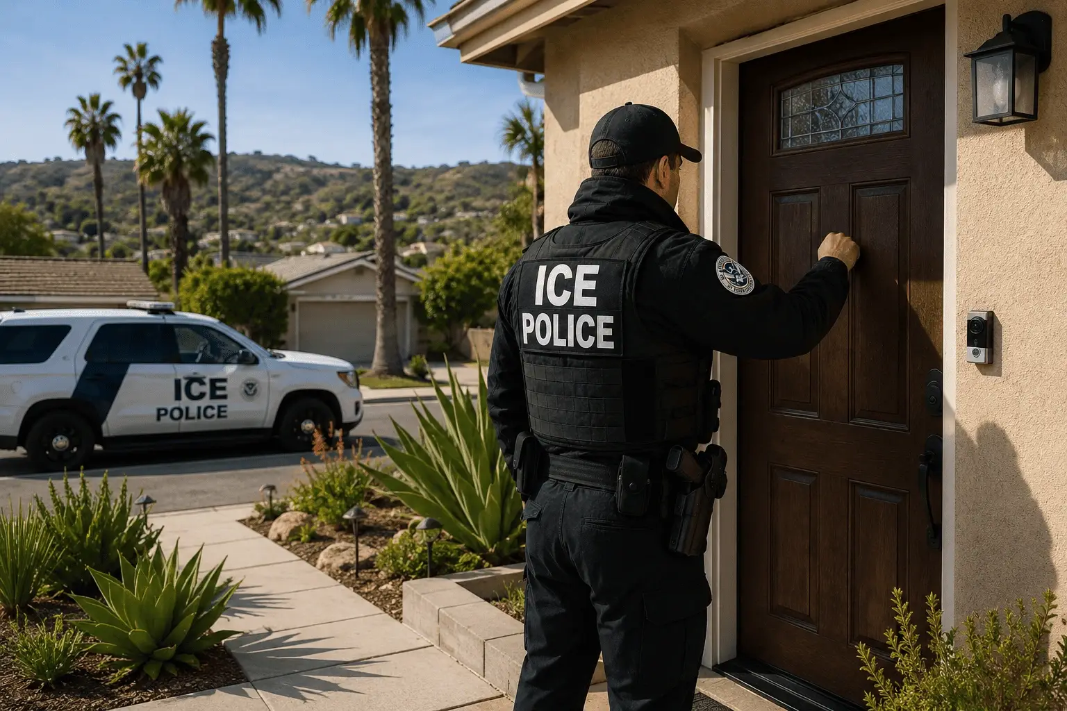 ICE officer knocking on residential front door in California neighborhood during immigration enforcement operation