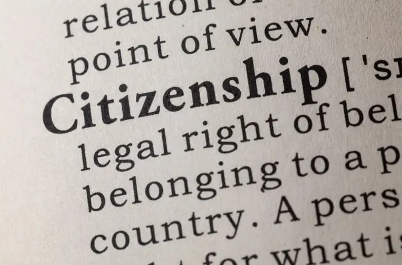 Close-up of citizenship definition in dictionary representing US naturalization and citizenship application process