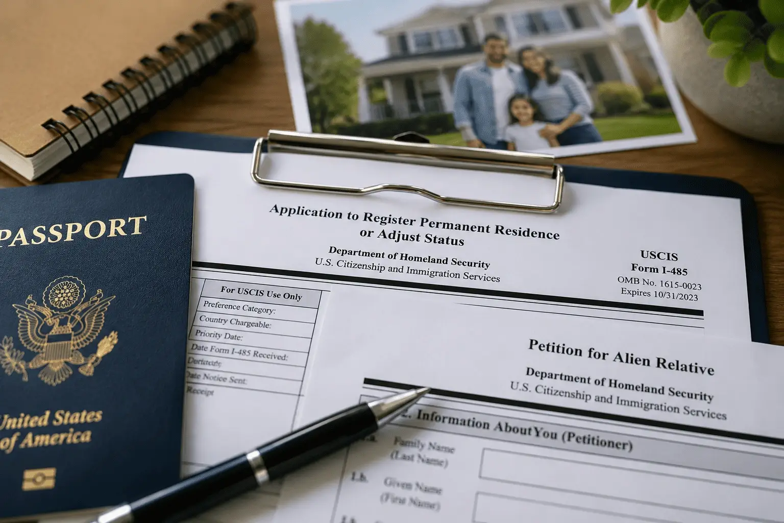 Immigration forms and passport on a desk representing the decision between adjustment of status and consular processing for a green card application
