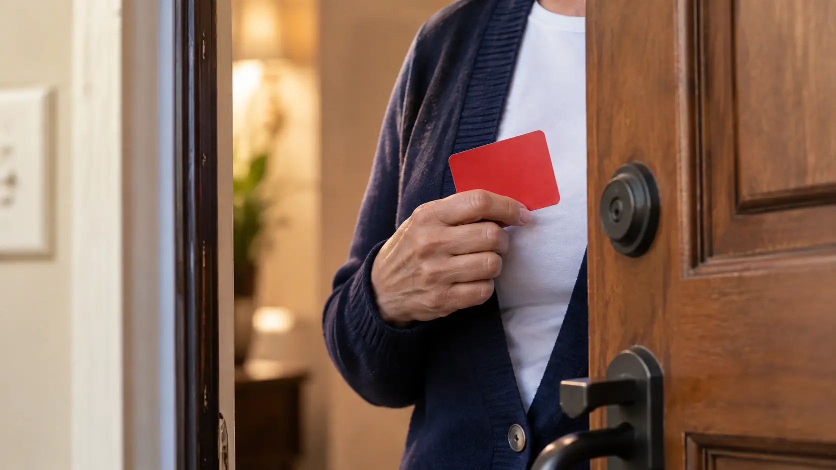 Person holding a red card to assert immigration rights at their front door, representing what to do when ICE comes to your home or workplace